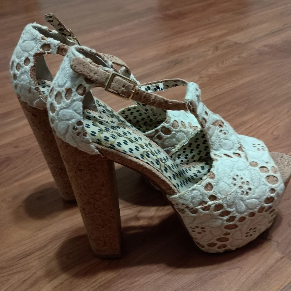 Jessica Simpson DANY White Lace Cork Platform Heels 6